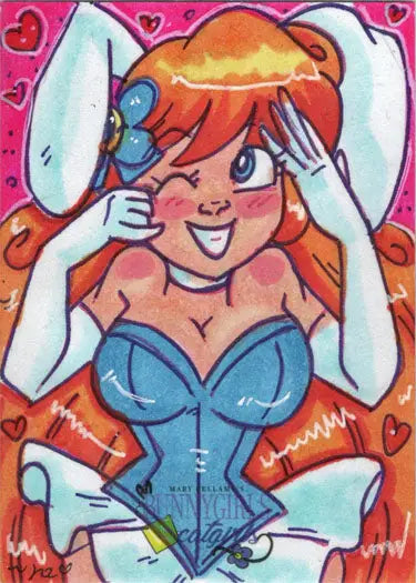 Cartoon-style illustration of Mary Bellamy’s redheaded woman in bunny ears on a sketch card