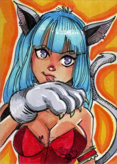 Anime-style character with blue hair and cat ears on a sketch card by Mike Mastermaker