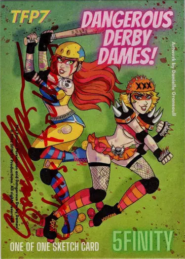 Colorful sketch card of roller derby players by Chris Foulkes in dynamic poses