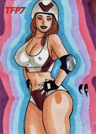 Stylized illustration of a curvaceous woman in athletic gear on a Chris Foulkes sketch card