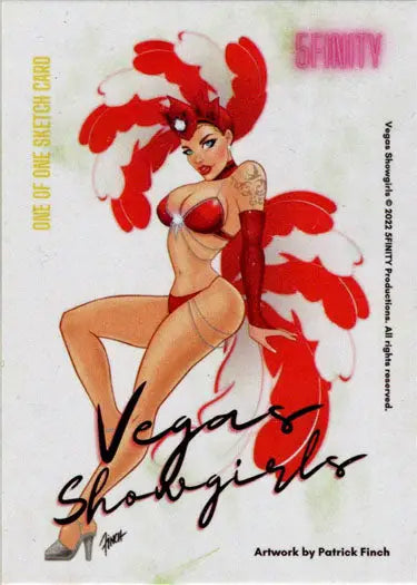 Stylized illustration of a showgirl in a red feathered bikini on a trading card by Aaron Laurich