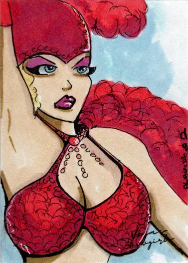 Stylized illustration of a woman with red hair in a provocative pose on a sketch card by Aaron Laurich