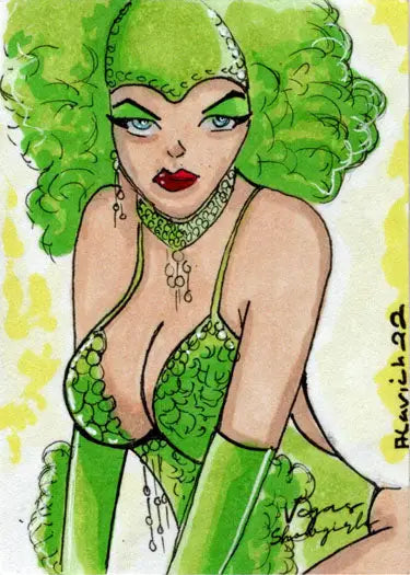 Stylized illustration of a woman with green hair in 2022 Aaron Laurich sketch card design