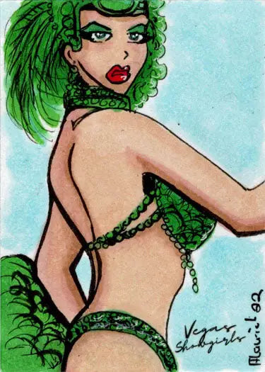 Stylized illustration of a woman with green hair in a bikini from Aaron Laurich’s sketch card