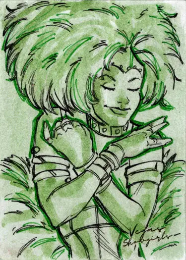 Green-tinted sketch card of a woman with voluminous hair in Barush Merling design