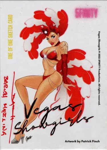 Pin-up style illustration of a showgirl in a red and white costume for Barush Merling sketch card