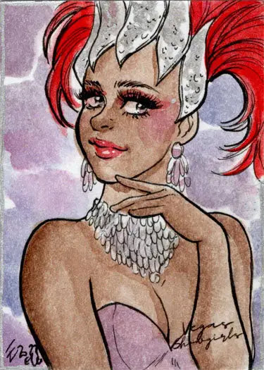 Stylized portrait of a woman with red and white hair in Elfie Lebouleux sketch card