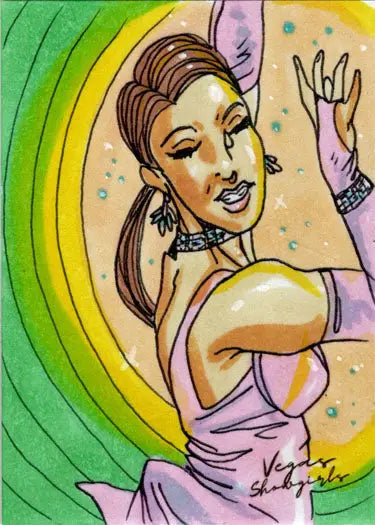 Colorful illustration of a woman in purple dress on Jaime Lopez sketch card design