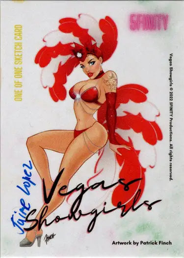 Stylized illustration of showgirl in red feathered costume on Jaime Lopez sketch card