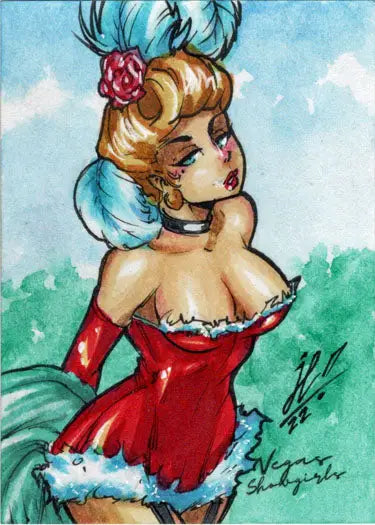Stylized cartoon woman in a red dress with blue hair accessories by Jose Carlos Sanchez