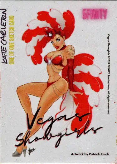Stylized illustration of a showgirl in feather costume on Kate Carleton sketch card