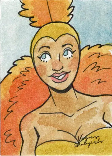 Cartoon-style portrait of Kate Carleton with vibrant orange hair on a sketch card