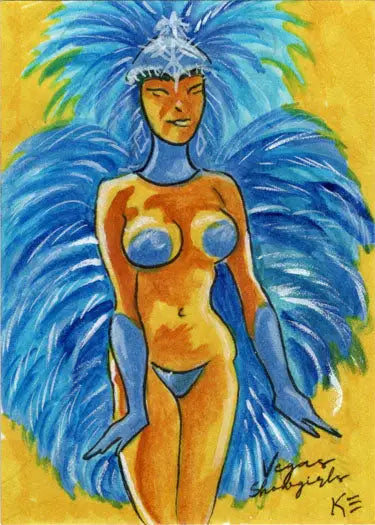 Colorful nude figure with blue feathered headdress in Kelly Everaert sketch card art