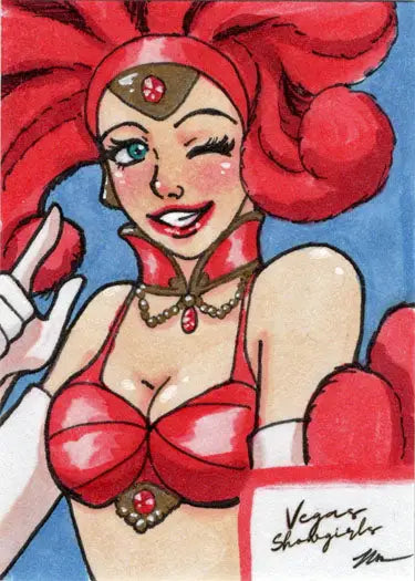 Cartoon-style portrait of a woman with red hair on a Maegan Cook sketch card