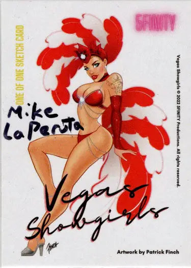 Stylized showgirl sketch card by Mike LaPeruta showcasing a curvaceous figure in red feathers
