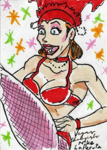 Cartoon of festive person in Santa hat and bikini on Mike LaPeruta sketch card