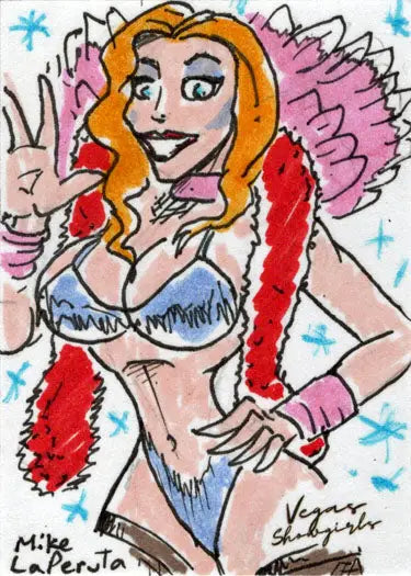 Cartoon sketch card of voluptuous woman in blue outfit by Mike LaPeruta