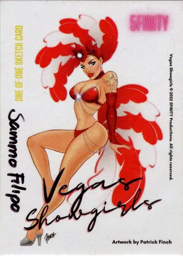 Stylized illustration of a showgirl in red feathers from Sammo Filipo sketch card
