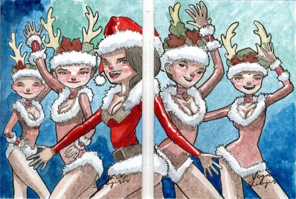Group of festive reindeer and Santa’s helpers posing on a two panel sketch card