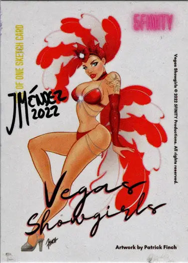 Stylized illustration of a showgirl with red feathers in a two panel sketch card