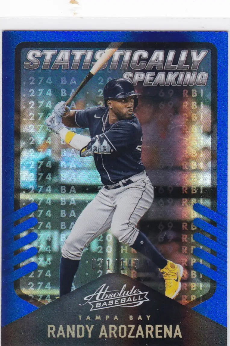 Blue baseball trading card featuring Randy Arozarena statistically speaking for Tampa Bay Rays