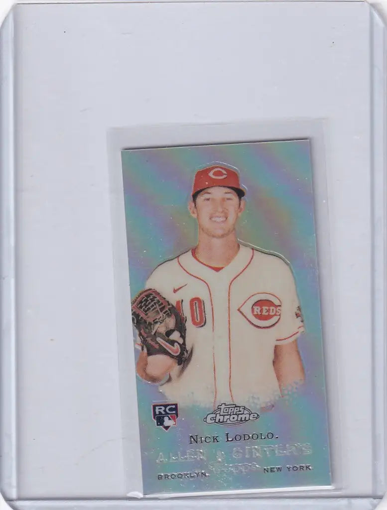 Baseball card of Nick Lodolo Cincinnati Reds in white uniform, part of Ginter Chrome Mini