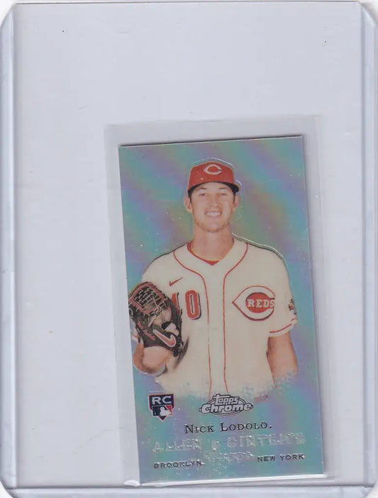 Baseball card of Nick Lodolo Cincinnati Reds in white uniform, part of Ginter Chrome Mini