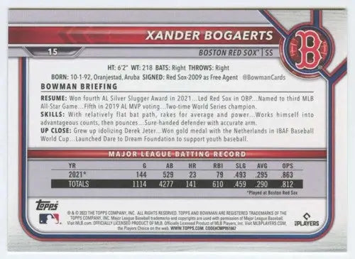 2022 Bowman #15 Xander Bogaerts NM-MT Red Sox ID:42010 - Baseball Card Single