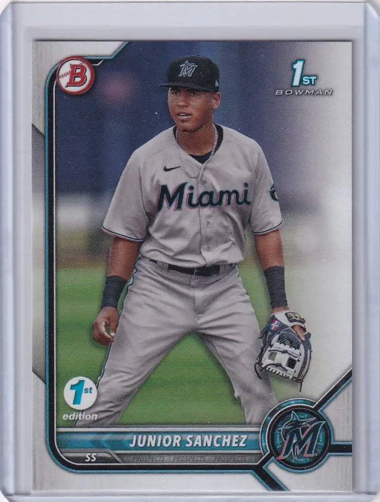 Baseball card of Junior Sanchez Miami Marlins from 2022 Bowman 1st Edition