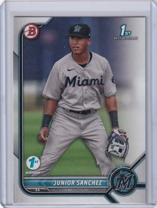 Baseball card of Junior Sanchez Miami Marlins from 2022 Bowman 1st Edition