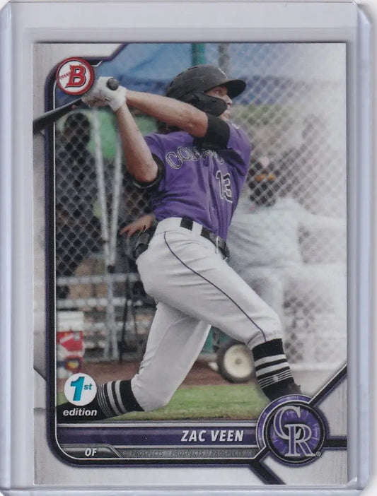Baseball card of Zac Veen Colorado Rockies mid-swing from Bowman 1st Edition