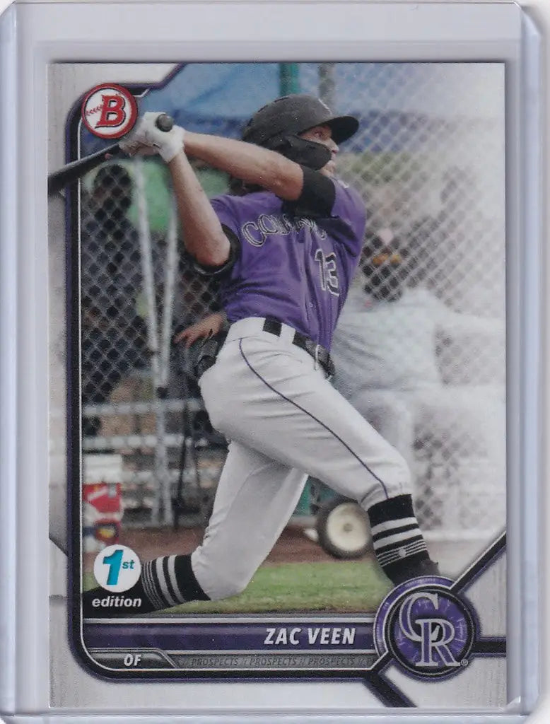 Baseball card of Zac Veen Colorado Rockies mid-swing from Bowman 1st Edition