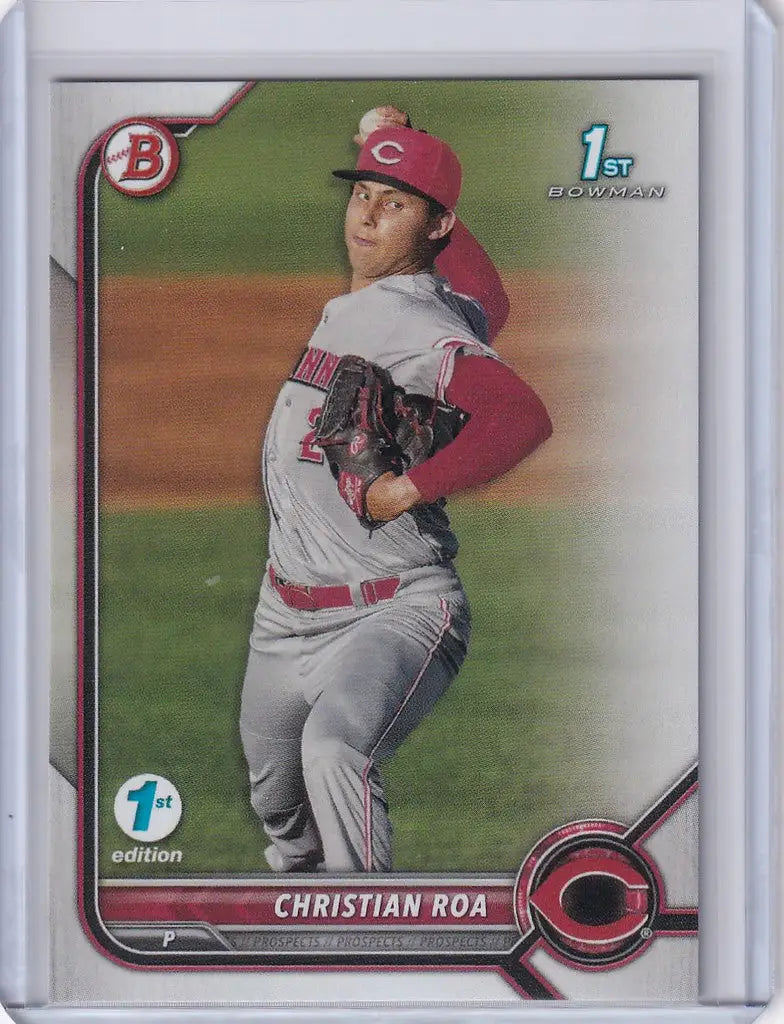 Baseball card of Christian Roa Cincinnati in throwing stance from Bowman 1st Edition