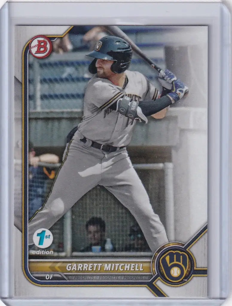 Baseball card of Garrett Mitchell in gray away uniform for Bowman 1st Edition