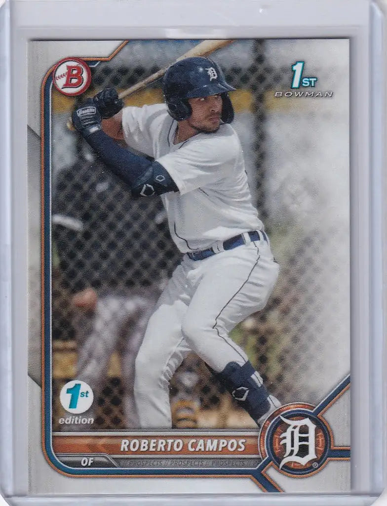 Baseball card of Roberto Campos Detroit Tigers in a batting stance from Bowman 1st Edition