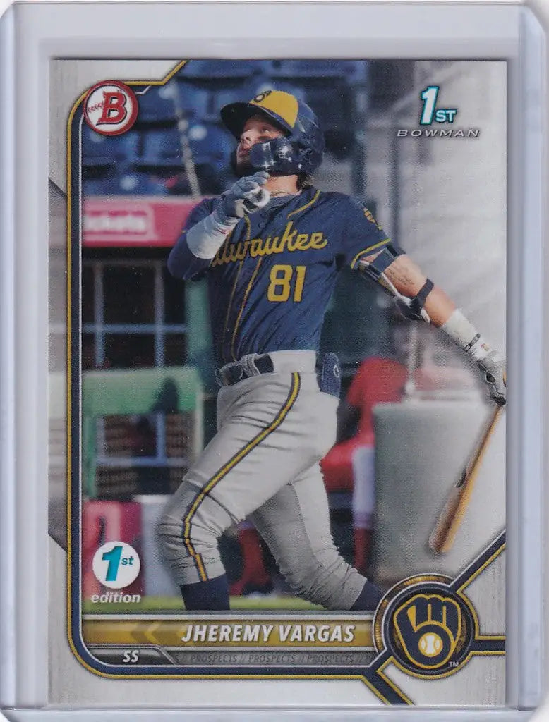 Baseball card of Jheremy Vargas Milwaukee Brewers from 2022 Bowman 1st Edition