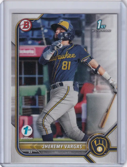 Baseball card of Jheremy Vargas Milwaukee Brewers from 2022 Bowman 1st Edition