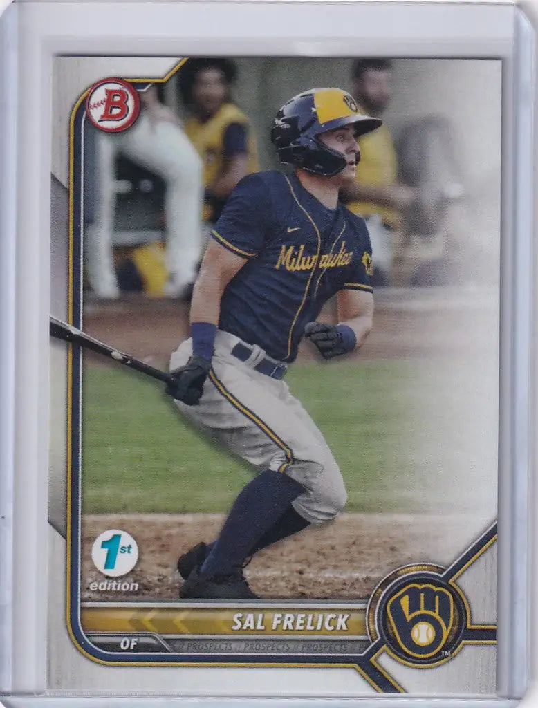 Baseball card of Sal Frelick Milwaukee Brewers in mid-swing from 2022 Bowman 1st Edition