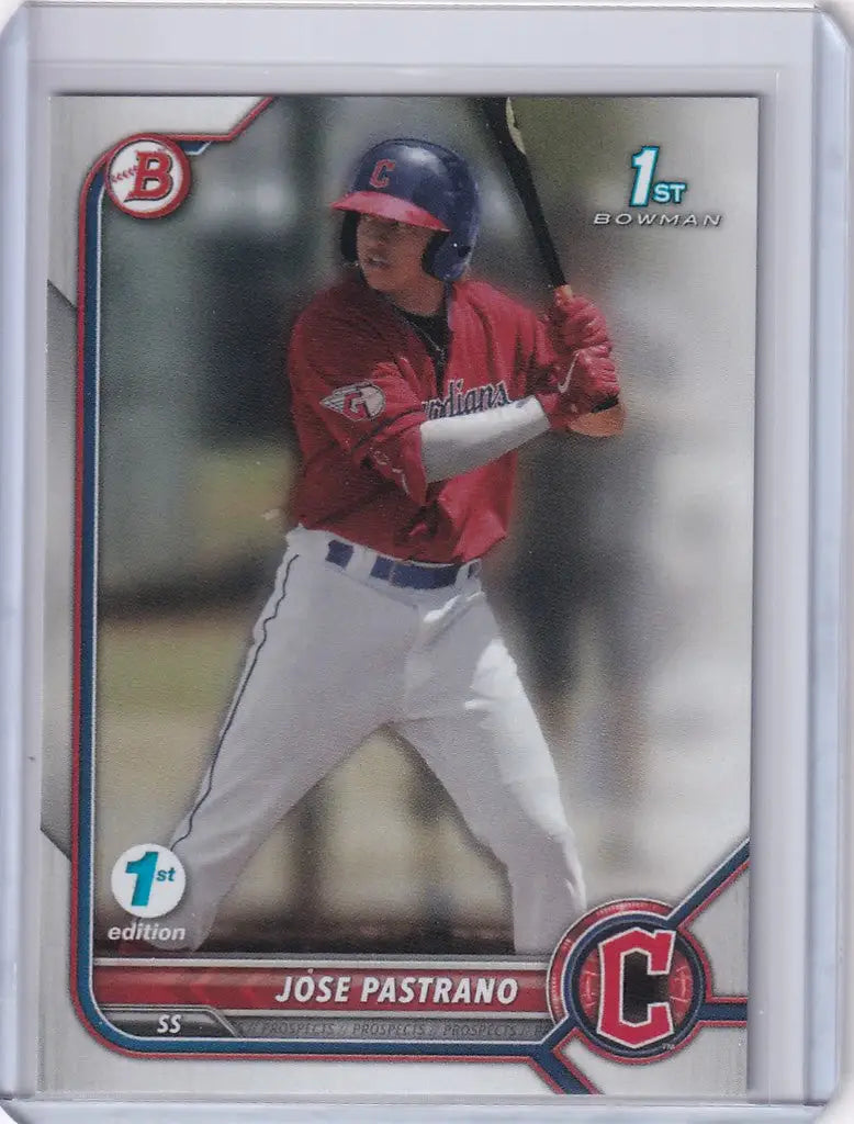 Baseball card of Jose Pastrano Cleveland in red jersey for Bowman 1st Edition