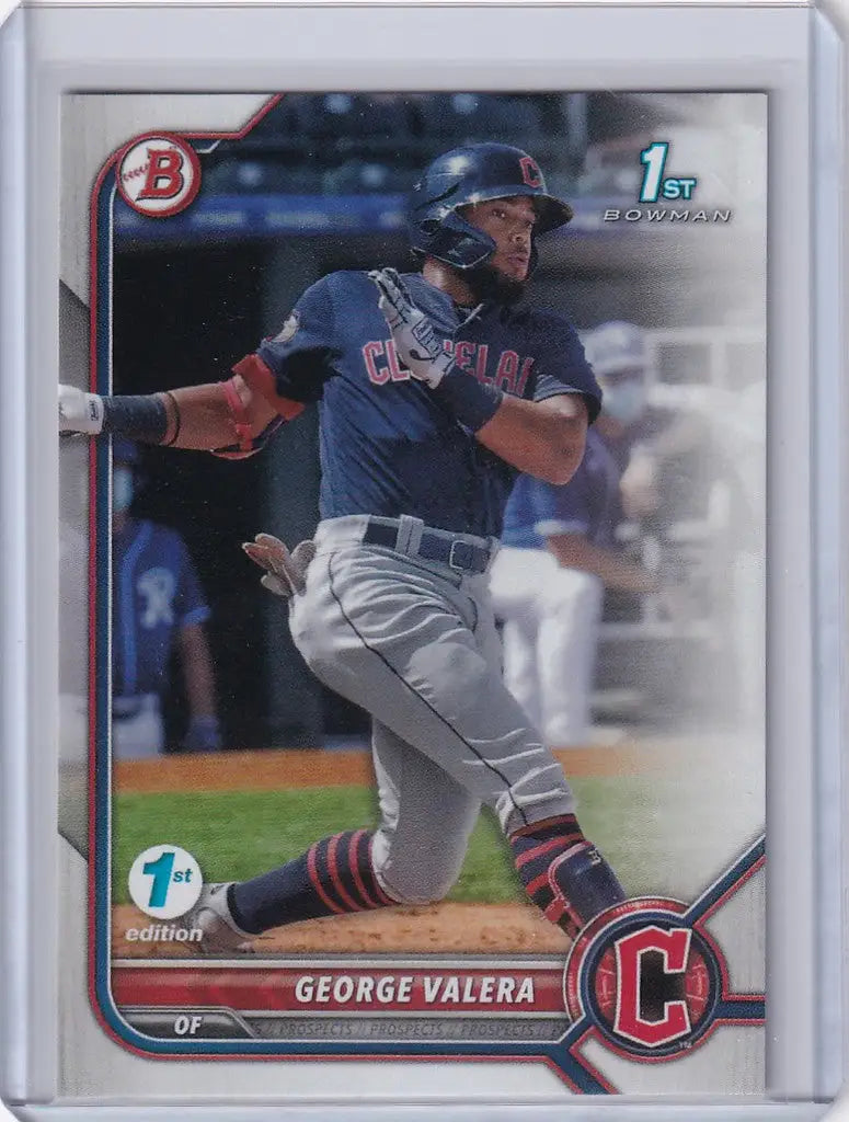 Baseball card of George Valera mid-swing for the Cleveland Guardians, Bowman 1st Edition