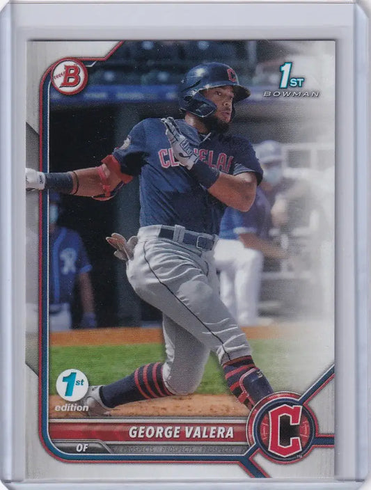 Baseball card of George Valera mid-swing for the Cleveland Guardians, Bowman 1st Edition
