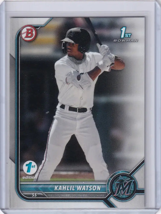 Baseball card of Kahlil Watson Miami in white uniform from Bowman 1st Edition