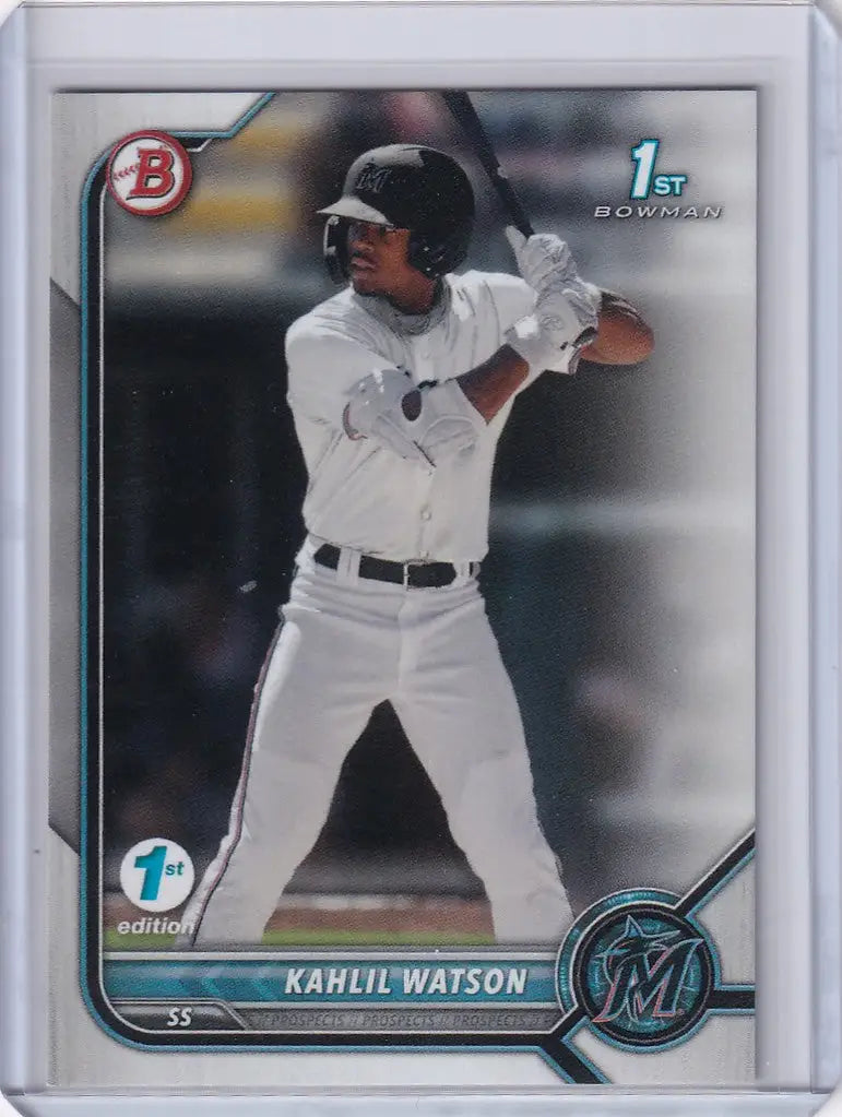 Baseball card of Kahlil Watson Miami in white uniform from Bowman 1st Edition