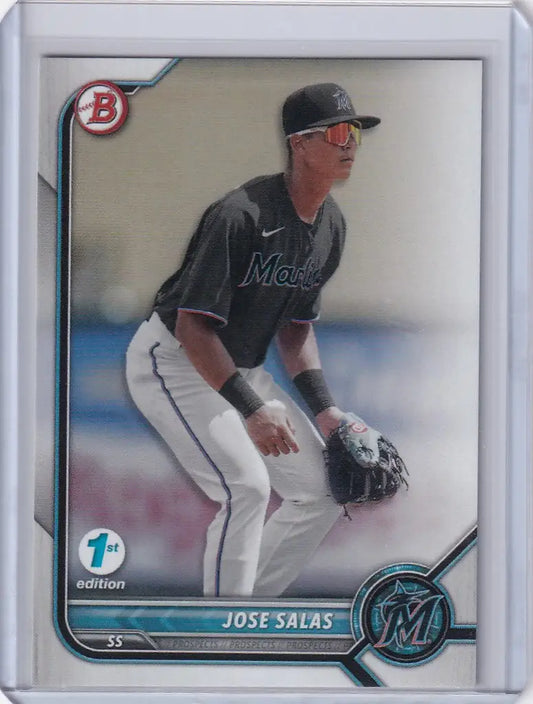 Baseball card of Jose Salas Miami Marlins in fielding stance from Bowman 1st Edition