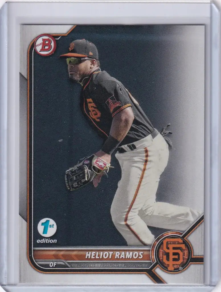 Baseball card of Heliot Ramos San Francisco Giants in pitching stance from Bowman 1st Edition