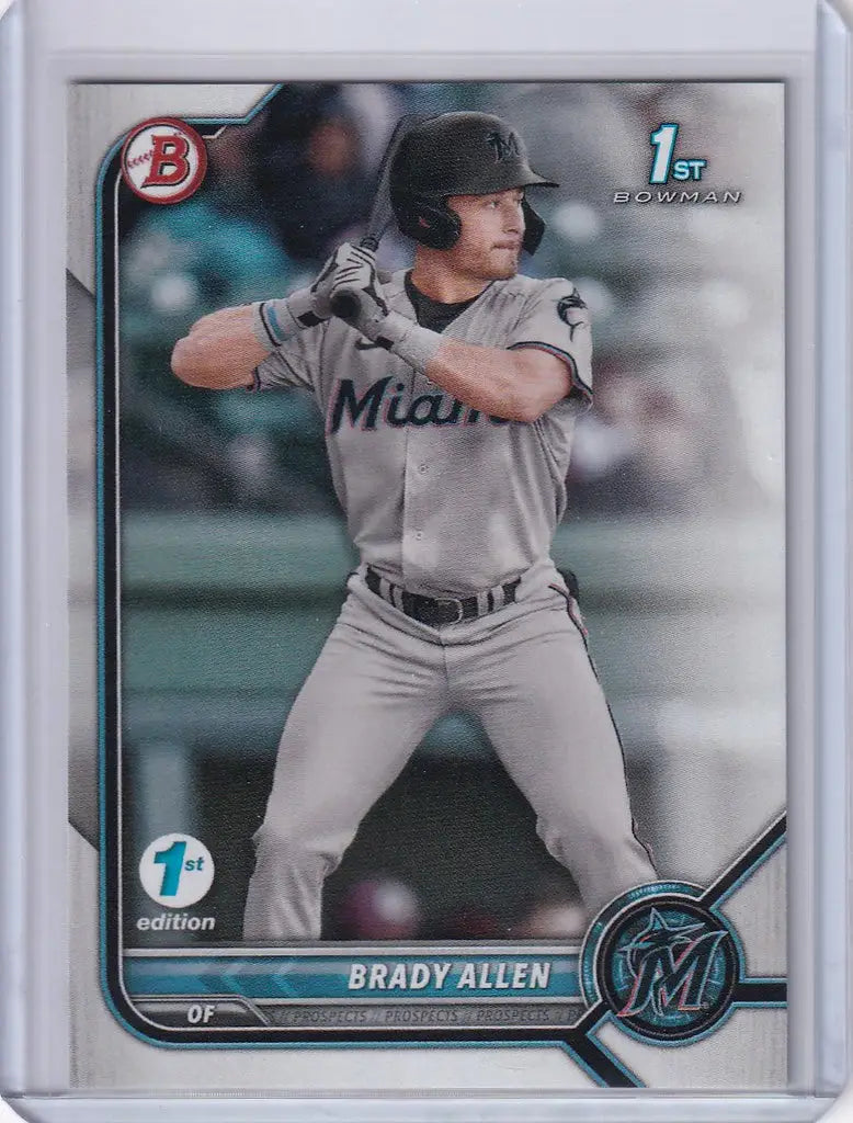 Baseball card of Brady Allen Miami Marlins in batting stance from Bowman 1st Edition