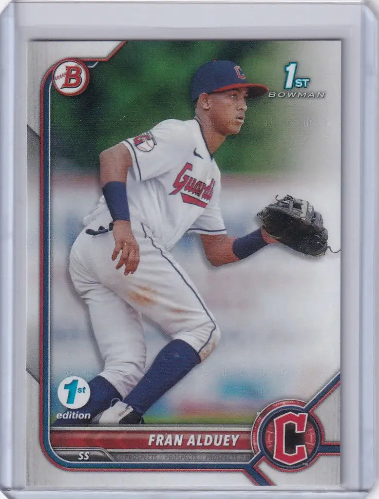 Baseball card of Fran Alduey Cleveland Guardians in fielding stance, Bowman 1st Edition