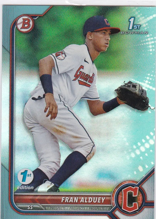 Baseball card of Fran Alduey in fielding position from 2022 Bowman 1st Edition Sky Blue
