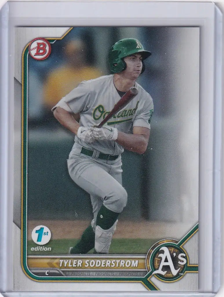 Baseball card of Tyler Soderstrom in batting stance from Bowman 1st Edition Oakland Athletics