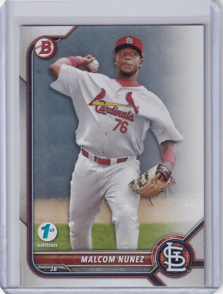 Baseball card of Malcom Nunez pitching for the St. Louis Cardinals, Bowman 1st Edition
